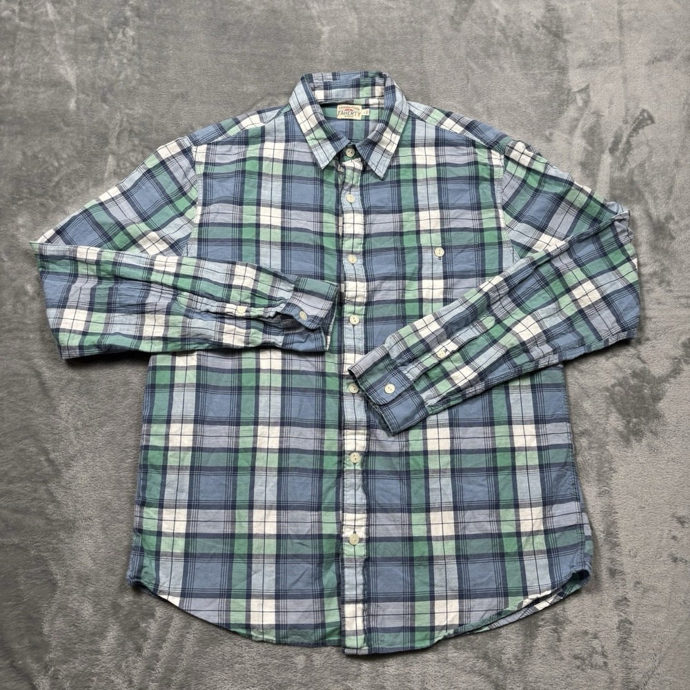 Faherty Brand Men Large Blue Green Plaid 100% Cotton Button Up Shirt Long Sleeve